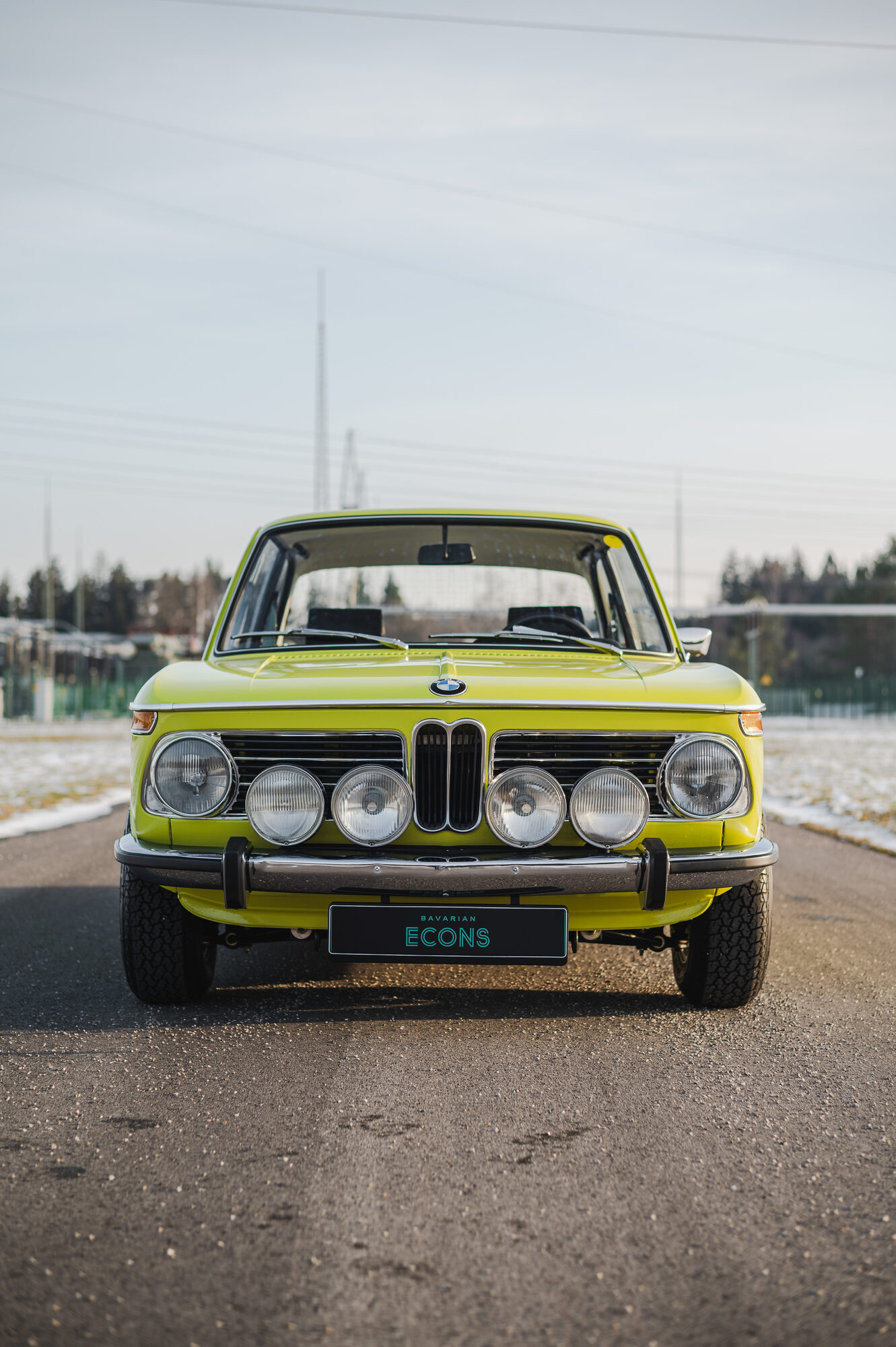 Bavarian Econs 2002 te — electric BMW 2002 front view, winter field